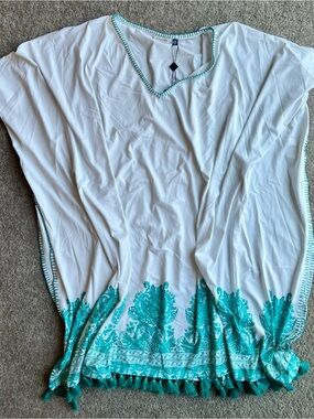Cabana Life White Swim Coverup with Teal Trim